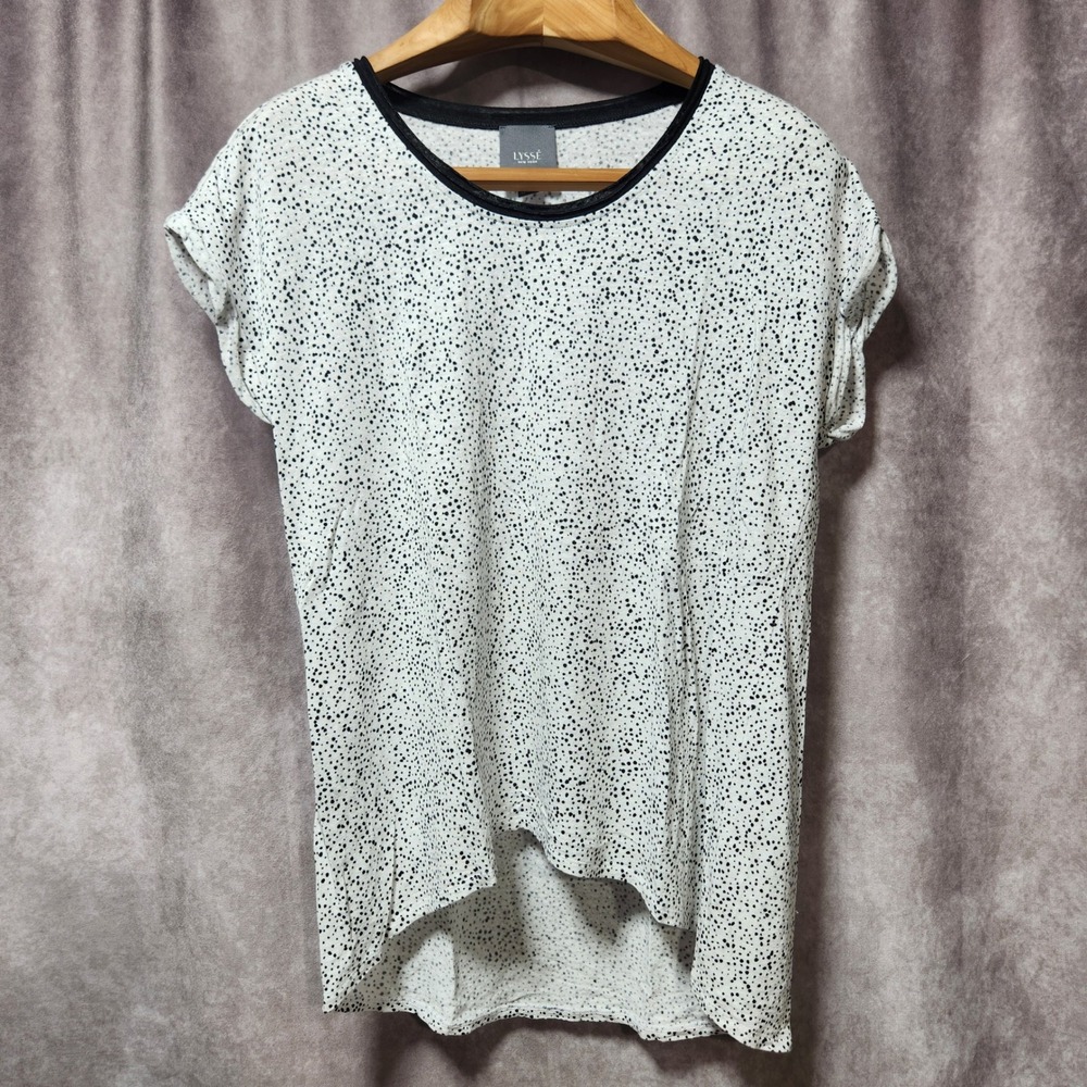 Lysse New York Medium Linen Blend Speckled High Low Short‎ Sleeve Top White dots